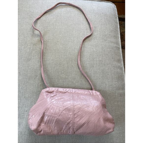 Vintage Pink Leather Clamshell Handbags Crossbody Purse Boho 1970s - Picture 2 of 10